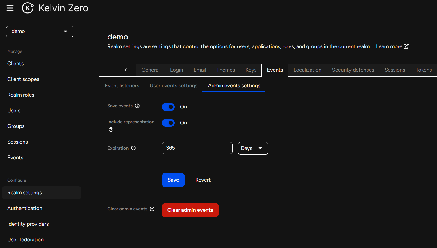 Admin events settings